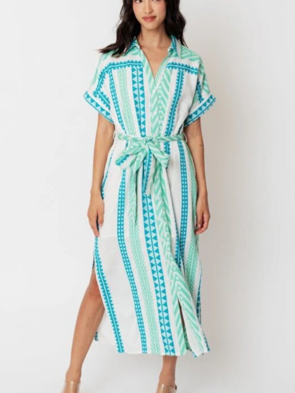 Boutique Brand En Creme Blue & Green Striped Belted Midi Shirt Dress - Size L